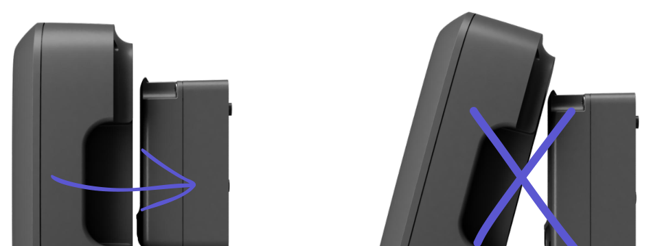Press the charger straight onto the Wallmount, parallel to it (left). Do not tilt it onto the mount (right)