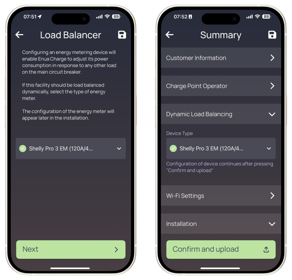 Selecting the load balancer and confirming the configuration in the Enua Installer app