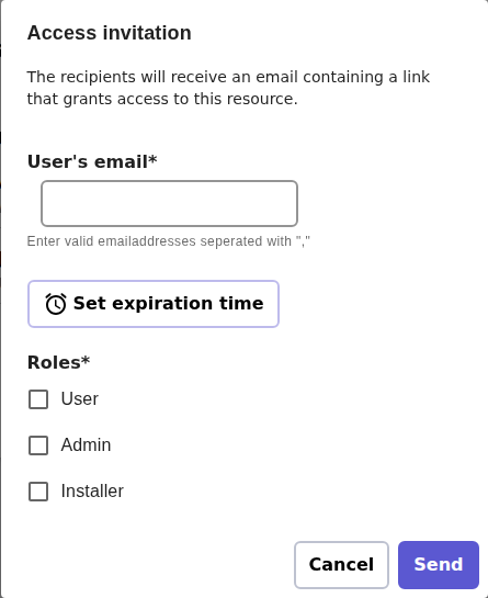 The "Access invitation" dialog on enua.cloud — a field for the recipient's email, an optional expiry time, and User / Admin / Installer role checkboxes