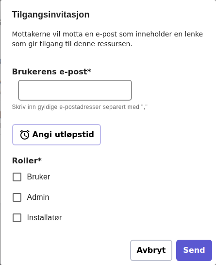«Tilgangsinvitasjon»-dialogen på enua.cloud — et felt for mottakerens e-post, en valgfri utløpstid, og avkrysningsbokser for rollene Bruker / Admin / Installatør