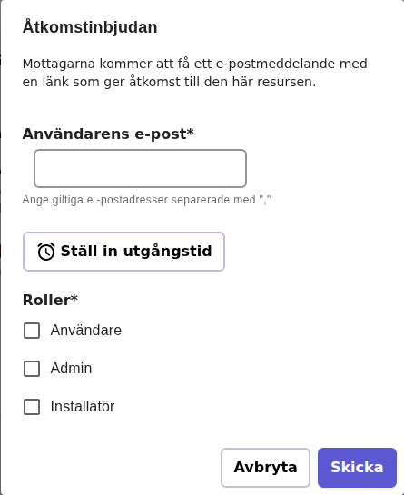 Dialogen "Åtkomstinbjudan" på enua.cloud — ett fält för mottagarens e-post, en valfri utgångstid, och kryssrutor för rollerna Användare / Admin / Installatör