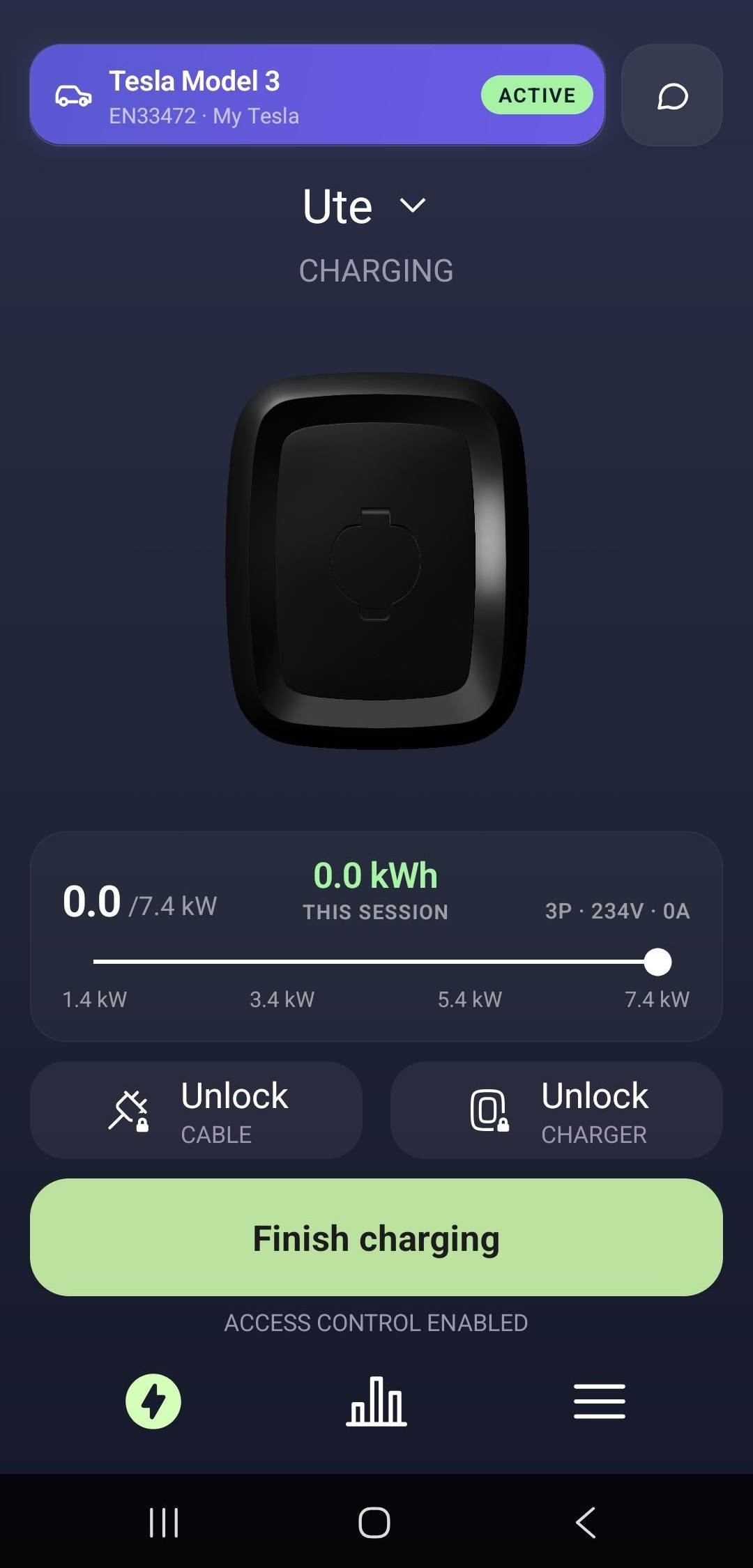 Charger in the Charging state with a "Finish charging" button