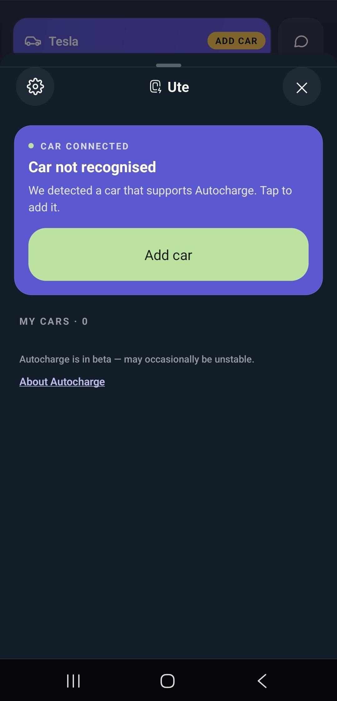 Autocharge panel showing "Car not recognised" with an "Add car" button