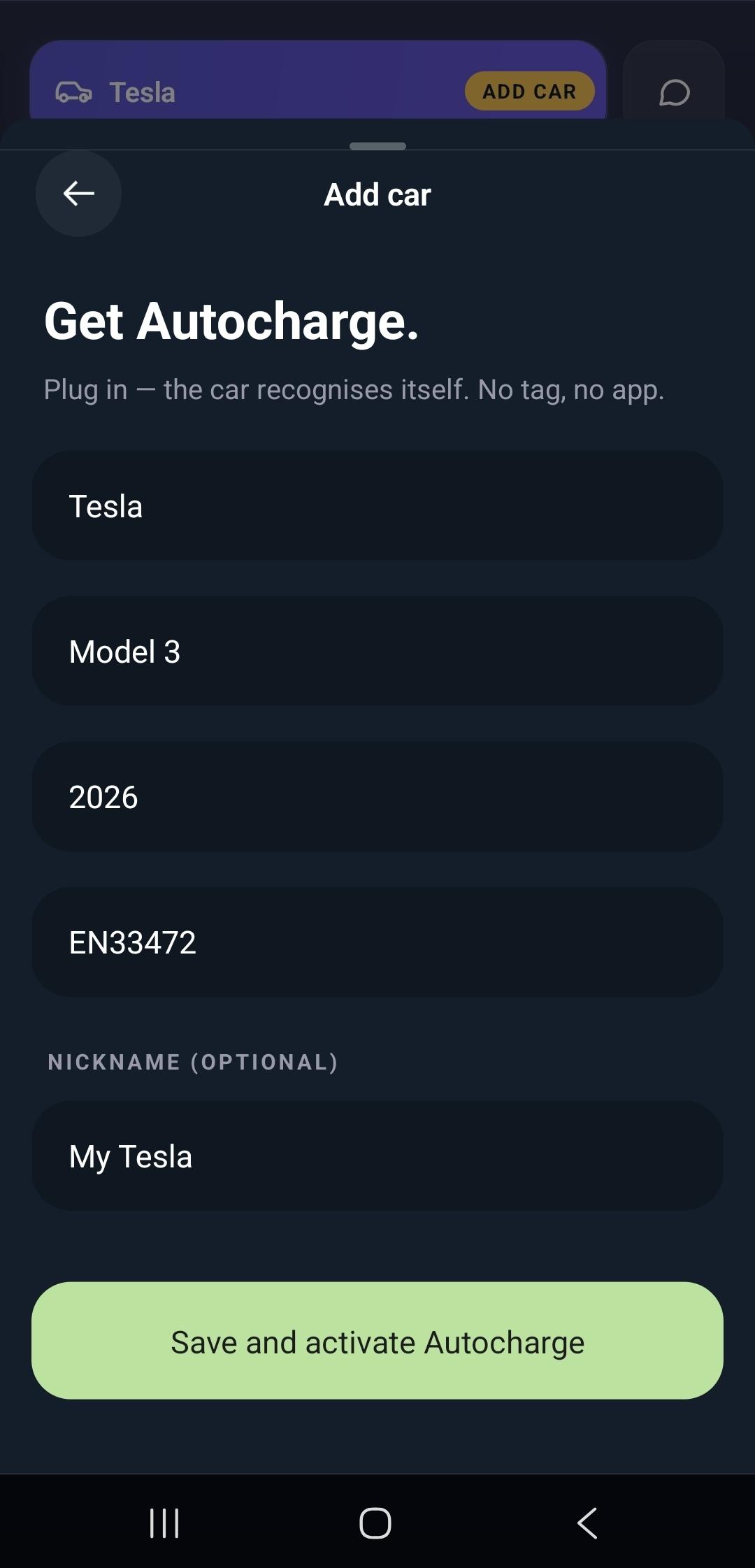 The "Get Autocharge" form with make, model, year, identifier, and an optional nickname field