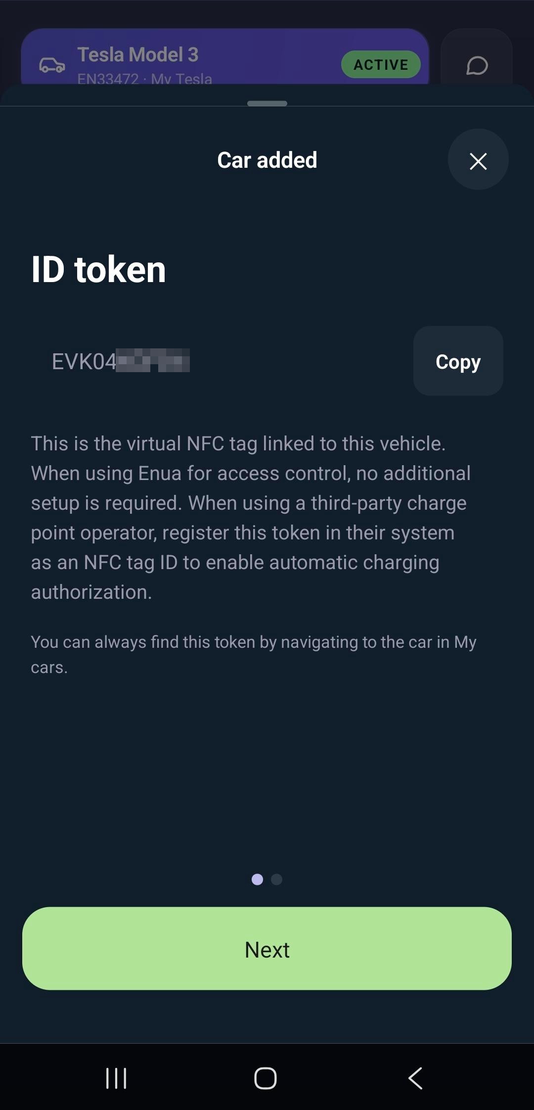 The "ID token" screen showing the vehicle's virtual NFC tag and a Copy button