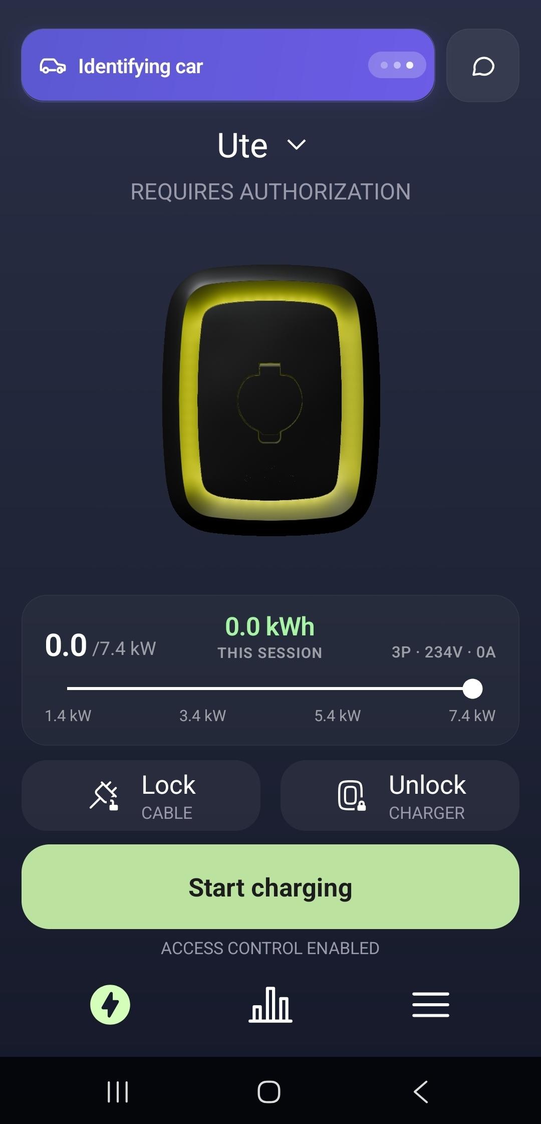 Charger with a yellow ring, status "Requires authorization", and "Identifying car" in the app