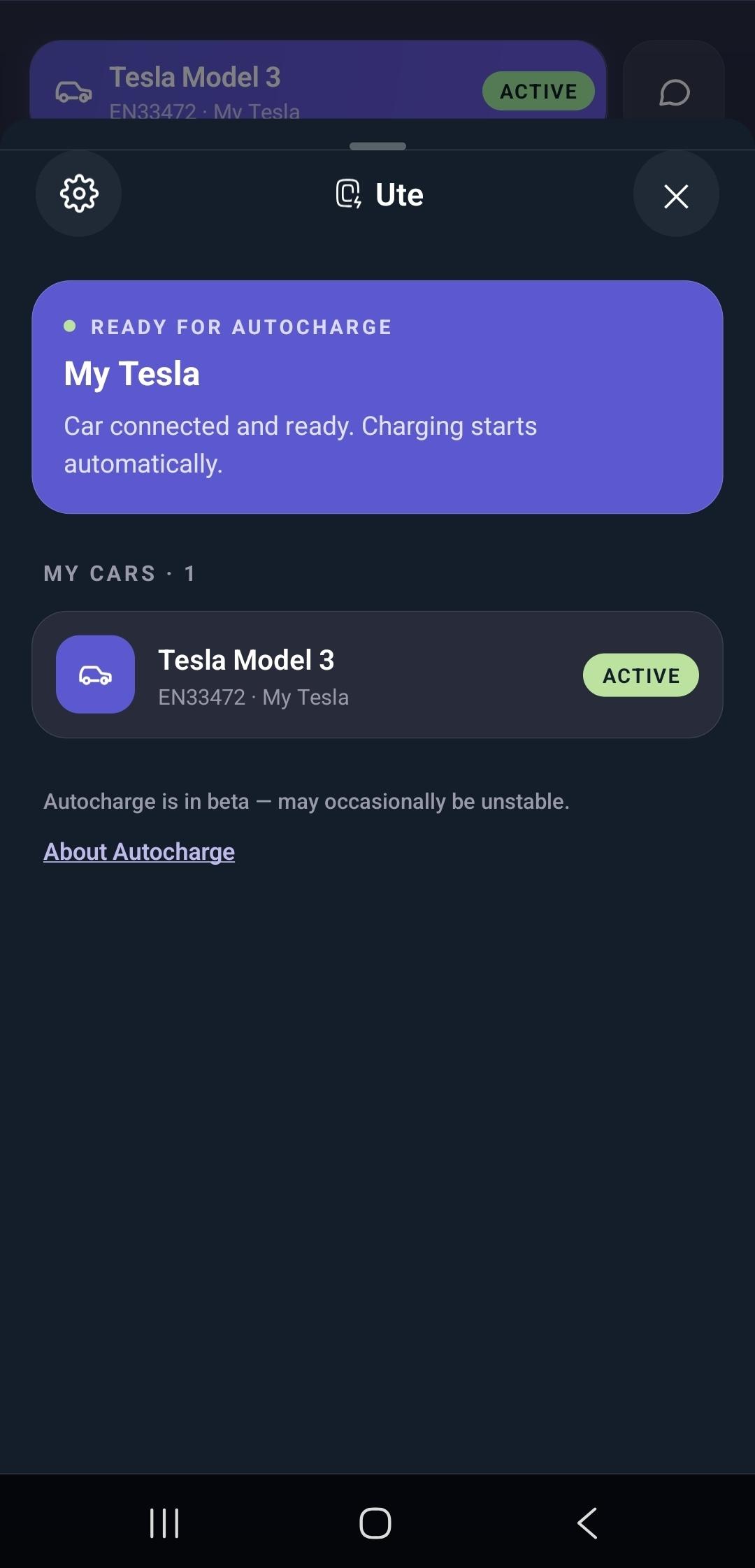 Autocharge panel showing "Ready for Autocharge" with the car marked Active