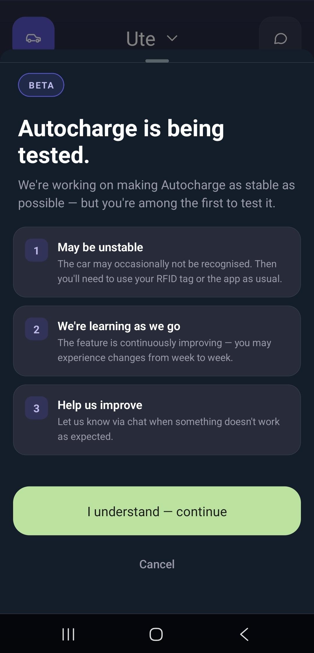 Autocharge beta information screen with an "I understand — continue" button
