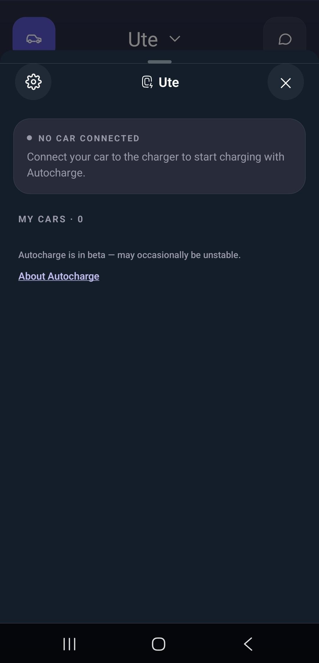 Autocharge panel showing "No car connected" and zero registered cars