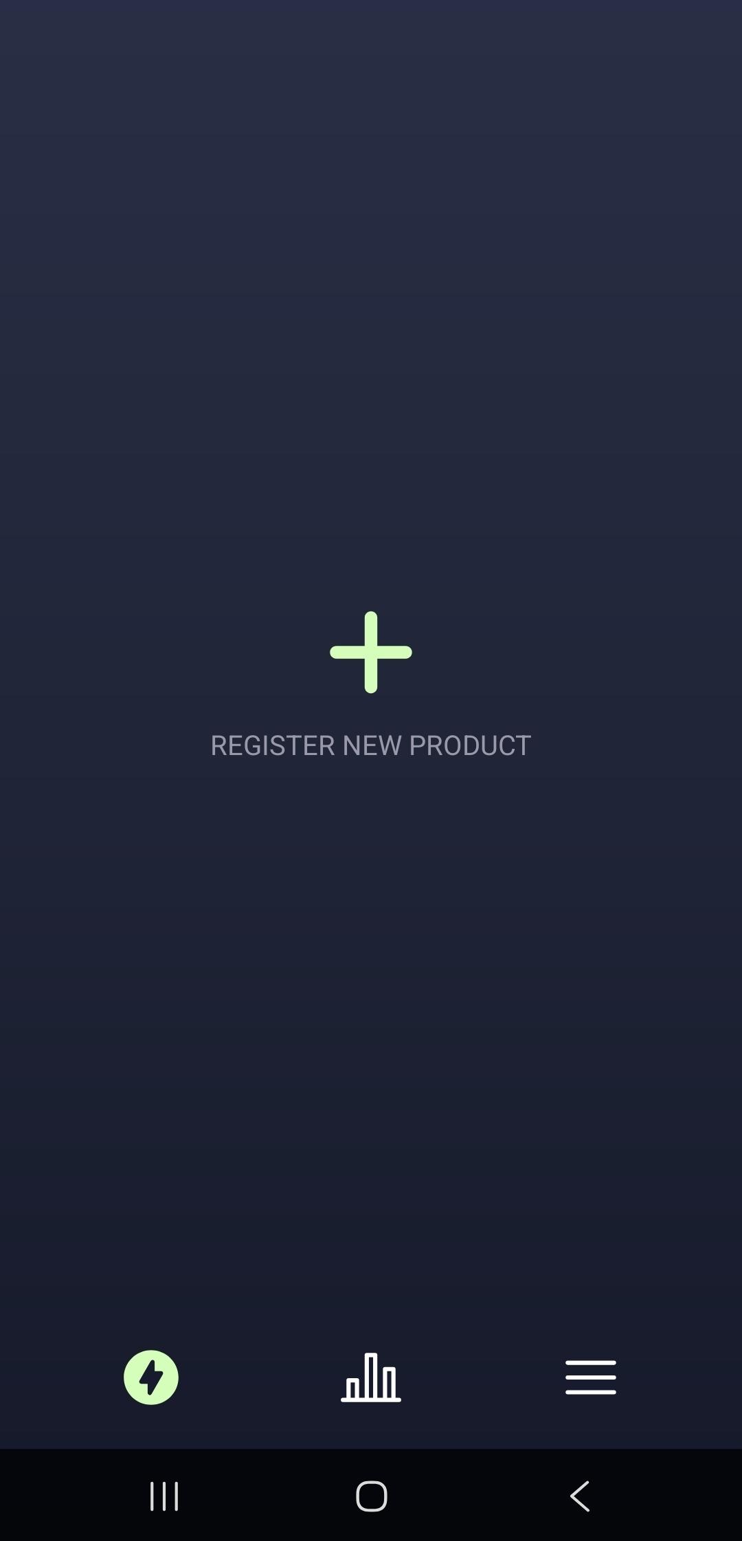 The "Register new product" screen with a large plus button