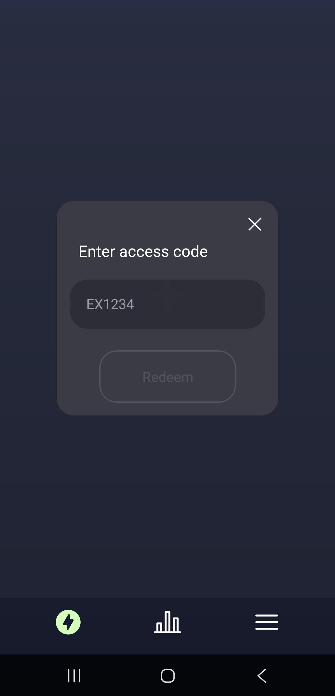 The "Enter access code" dialog with a code field and Redeem button